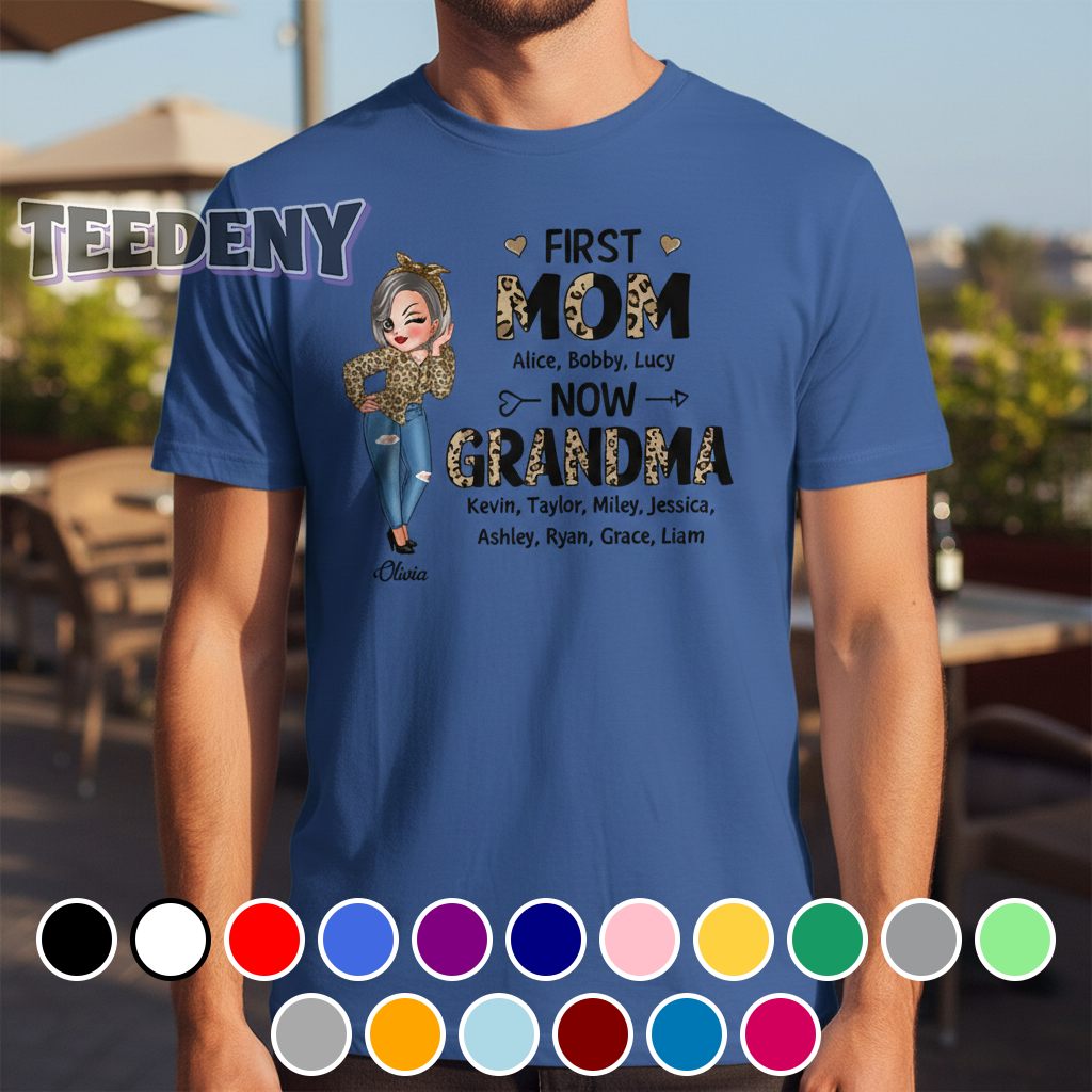 Personalized First Mom Now Grandma Leopard Print Shirt