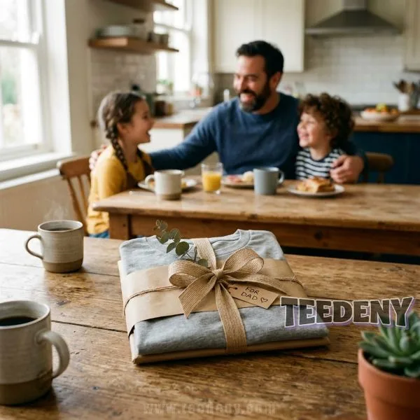 Dad Apparel Gift Wrapped On Table With Family In Background