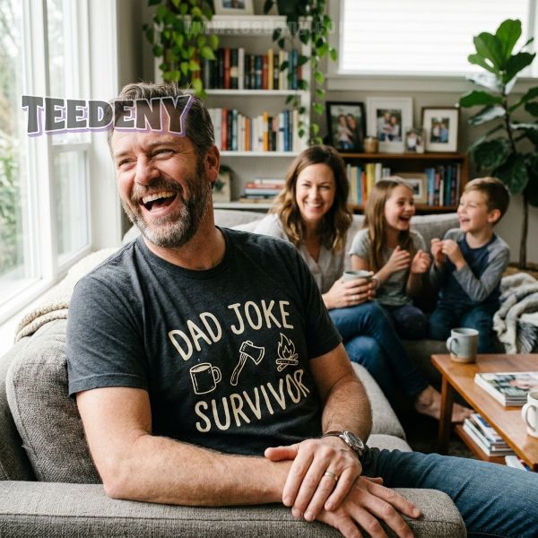 Dad Laughing In Funny Graphic T Shirt At Home