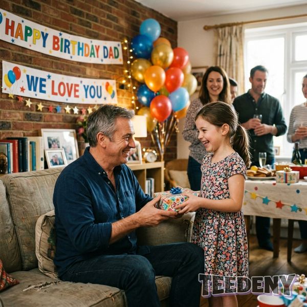 Daughter Giving Gift To Dad During Family Celebration