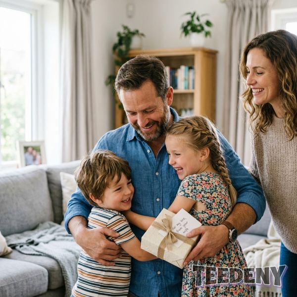 Family Hug After Dad Receives Gift