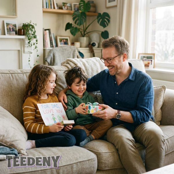 Father Enjoying Gift From Children At Home