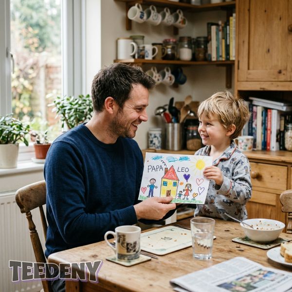 Father Smiling At Child Handmade Gift Real Family Moment