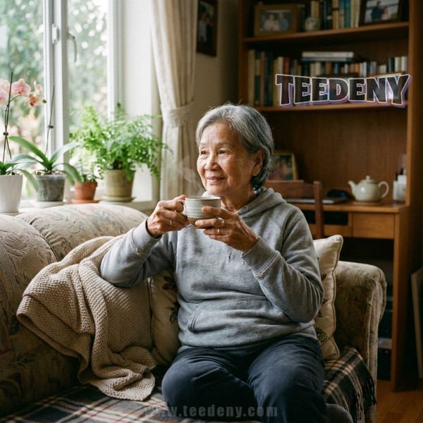Grandma Relaxing At Home With Cozy Hoodie And Tea