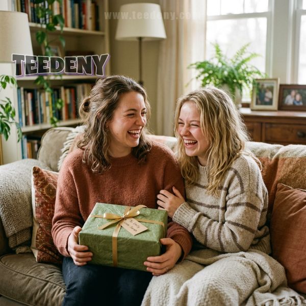 Sisters Sharing Gift Happy Real Life Moment