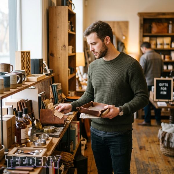Son Thoughtfully Choosing Gift For Dad