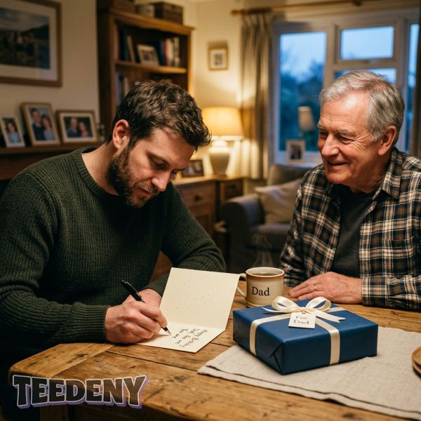 Son Writing Heartfelt Note For Dad Gift