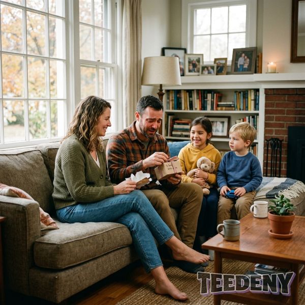 Wife Giving Dad A Meaningful Family Gift Moment