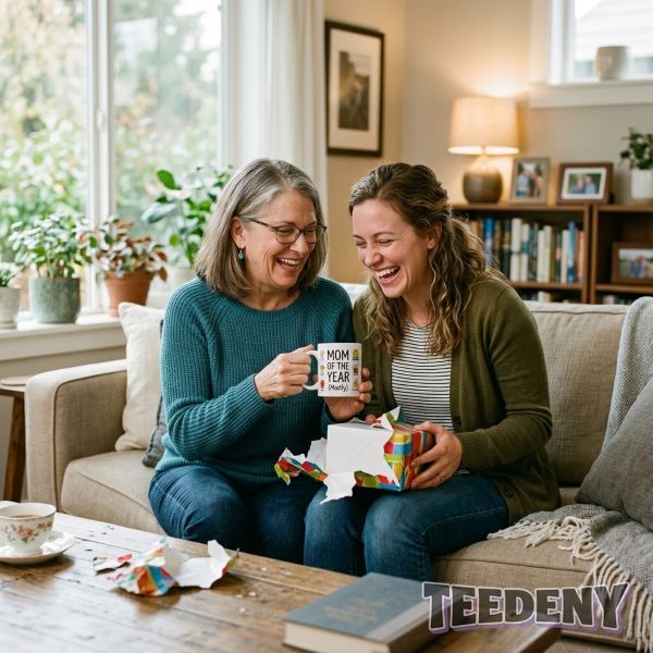 Mother And Child Laughing Over Gift Real Moment