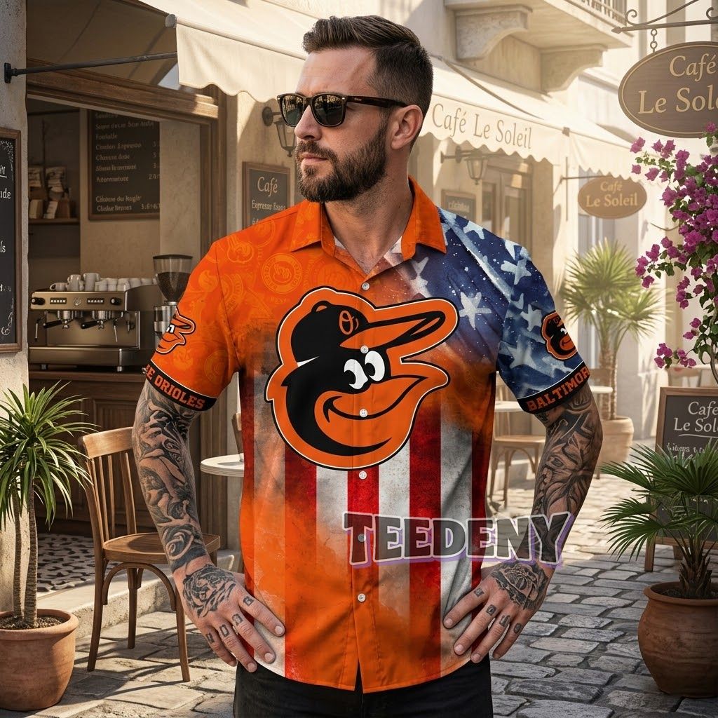 Baltimore Orioles 4th Of July Shirt American Flag Tropical Aloha Front