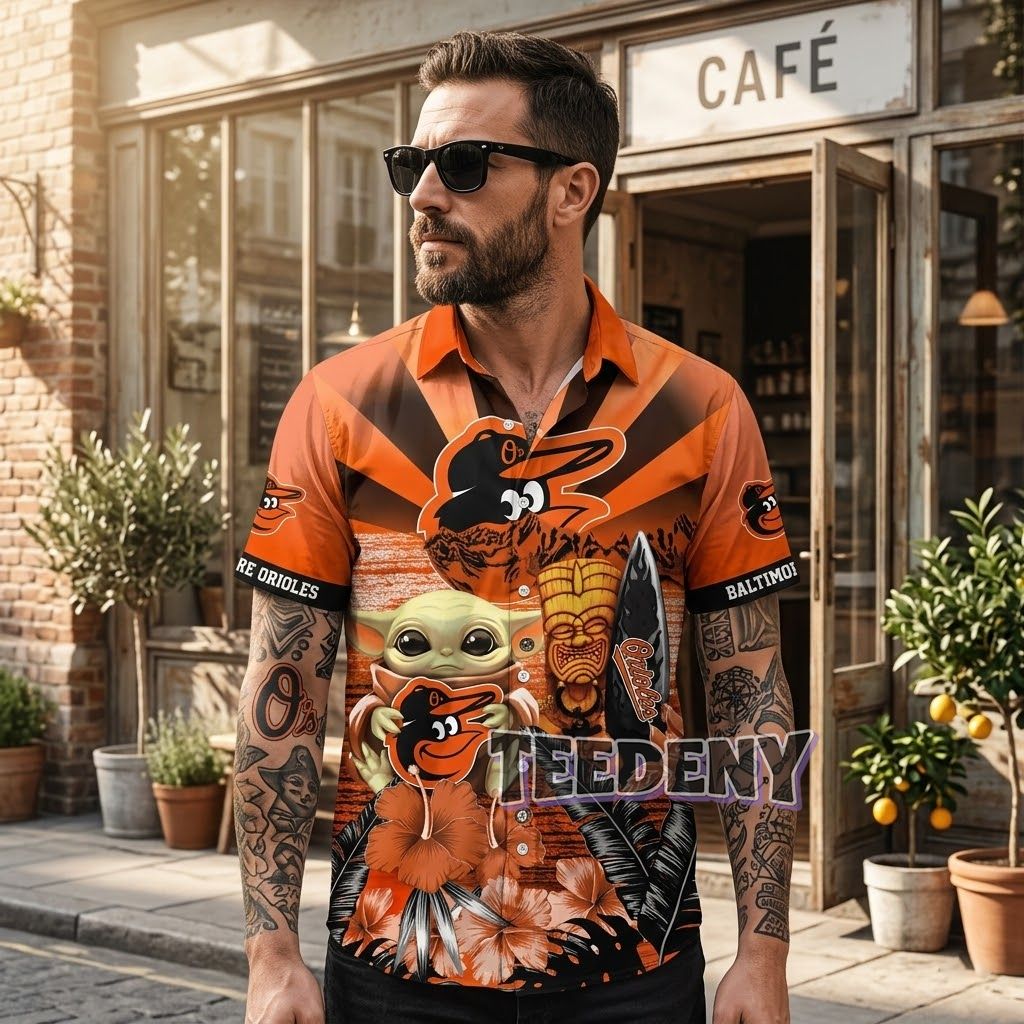Baltimore Orioles Baby Yoda Aloha Shirt Tiki Surfboard Design Front