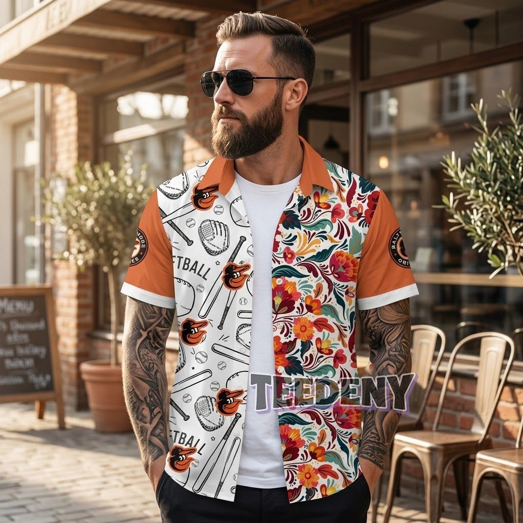 Baltimore Orioles Baseball Aloha Shirt Softball Equipment Floral Front
