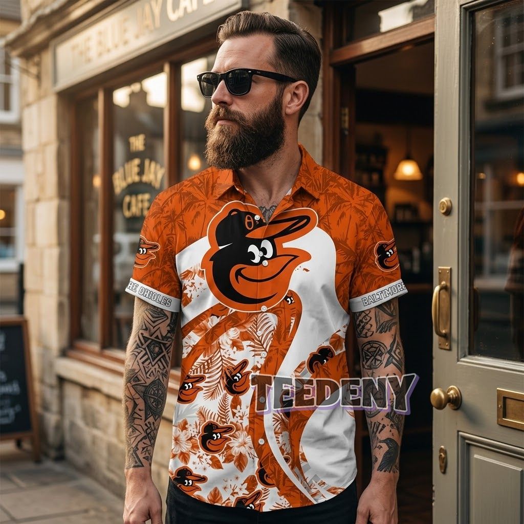 Baltimore Orioles Beach Aloha Shirt Palm Tree Floral Pattern Front