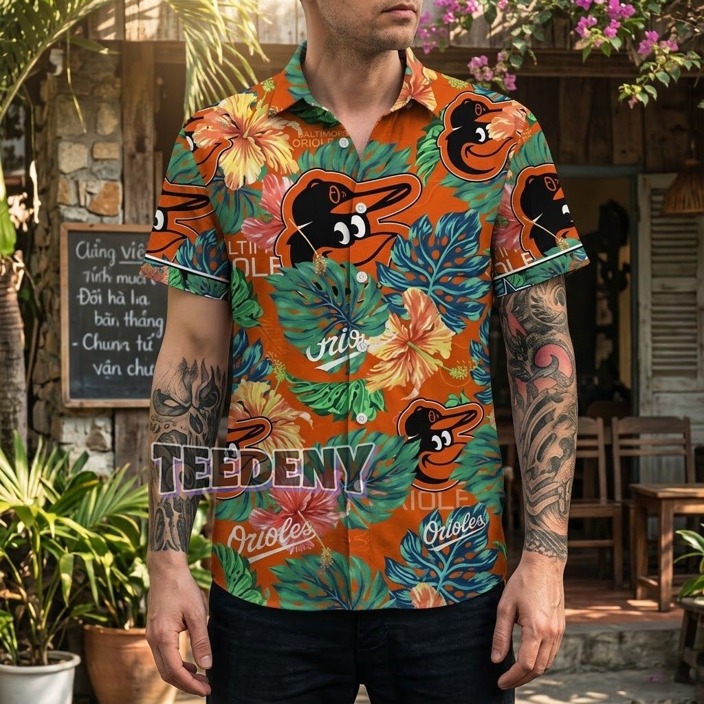 Baltimore Orioles Custom Name Aloha Shirt Hibiscus Tropical Pattern Front