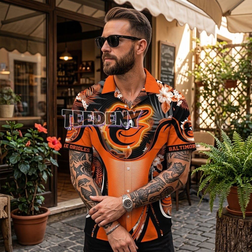 Baltimore Orioles Dark Hawaiian Shirt Neon Glow Hibiscus Front