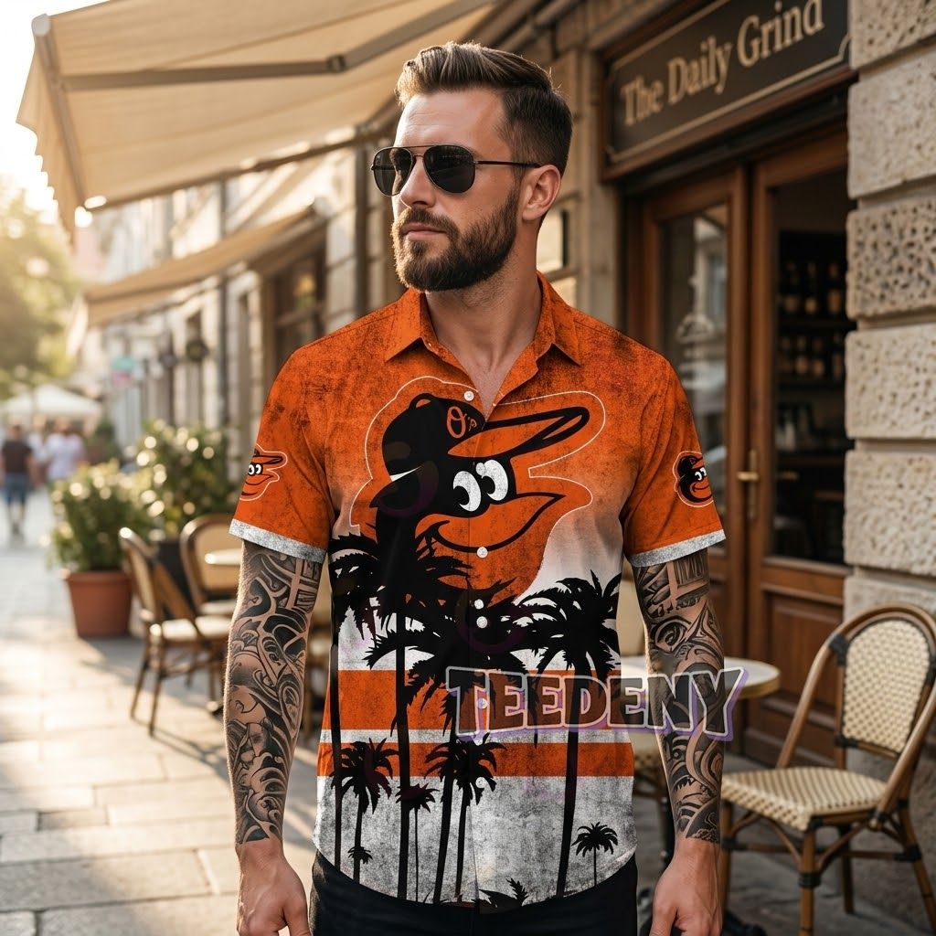 Baltimore Orioles Hawaiian Shirt Grunge Sunset Palm Shadow Front