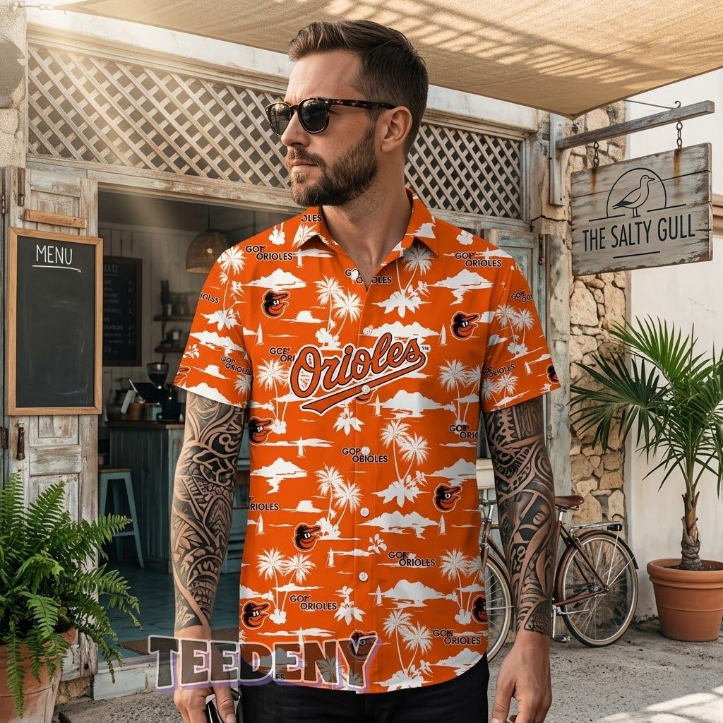Baltimore Orioles Island Aloha Shirt White Silhouette Scenery Front