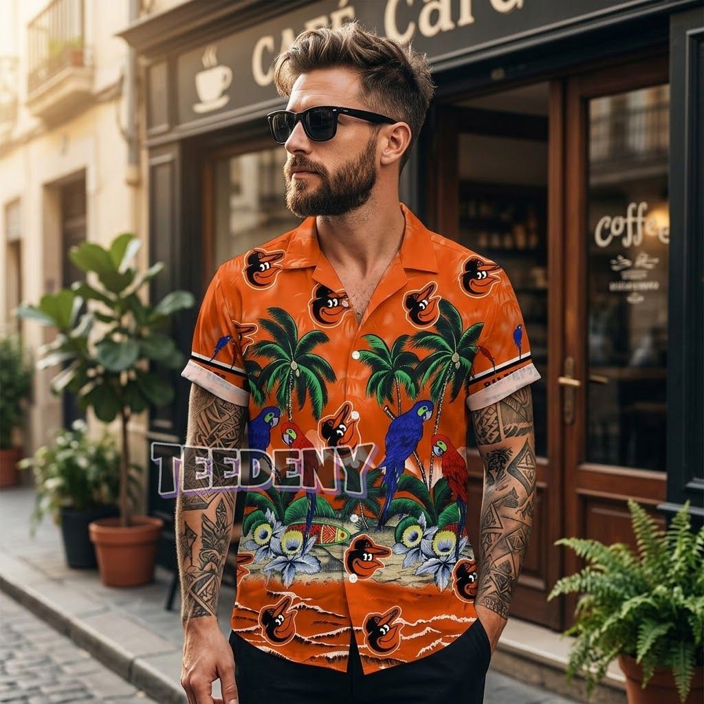 Baltimore Orioles Tropical Aloha Shirt Parrot Island Beach Front