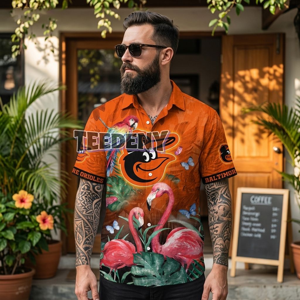 Baltimore Orioles Tropical Shirt Flamingo Macaw Butterfly Print Front