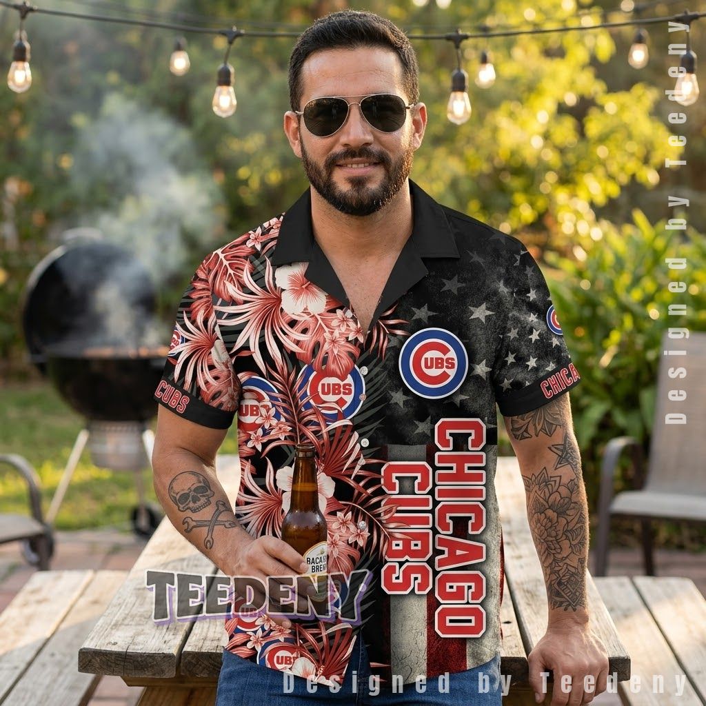 Chicago Cubs American Flag Floral Hawaiian Shirt Front