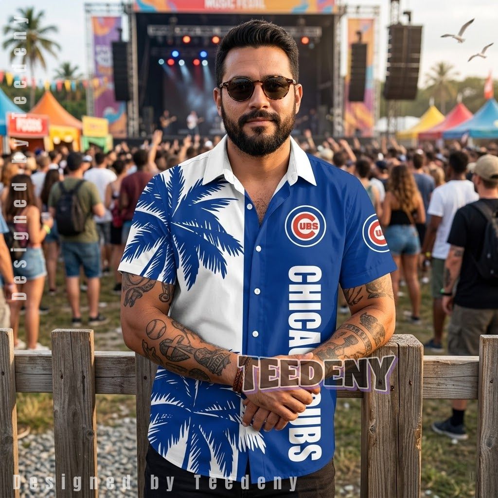 Chicago Cubs Custom Palm Splitblock Hawaiian Shirt Front