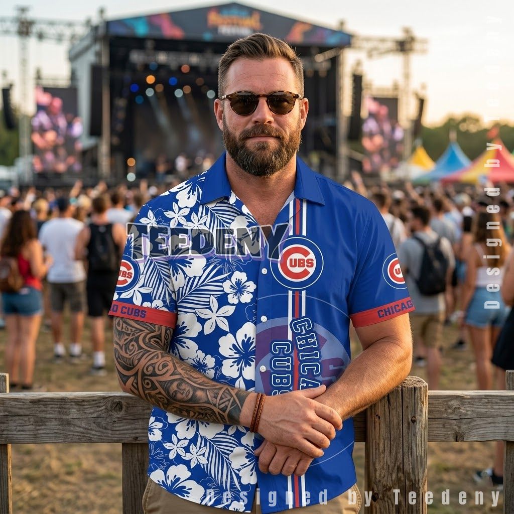 Chicago Cubs Floral Center Stripe Hawaiian Shirt Front