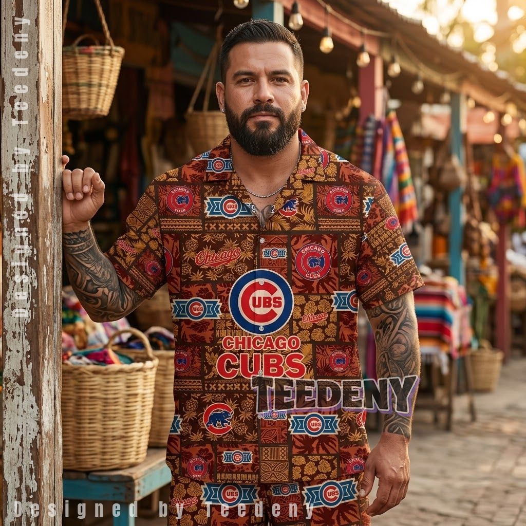 Chicago Cubs Tiki Patchwork Tropical Shirt Front