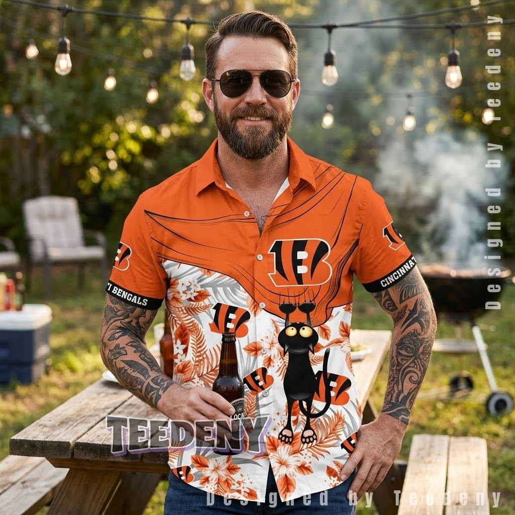 Cincinnati Bengals Black Cat Hawaiian Shirt Front