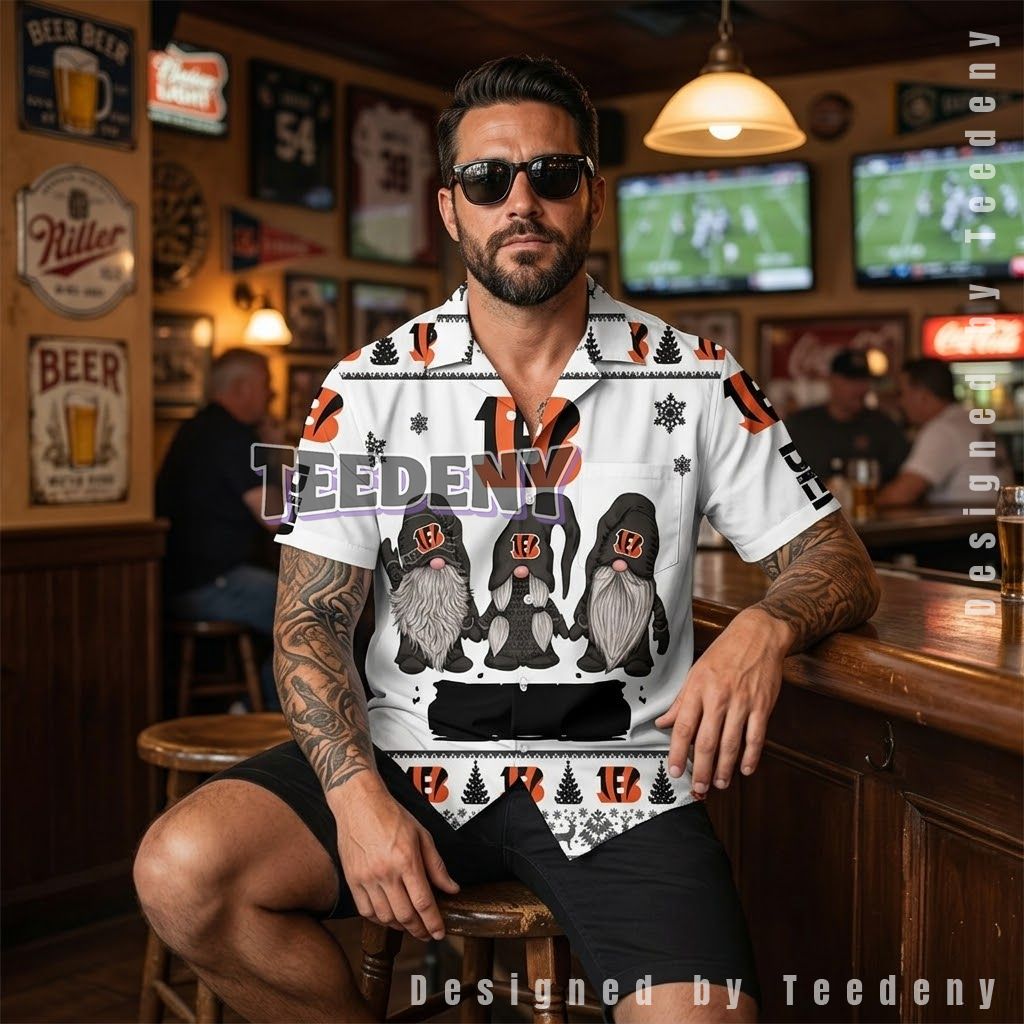 Cincinnati Bengals Christmas Gnomes Button Up Shirt Front