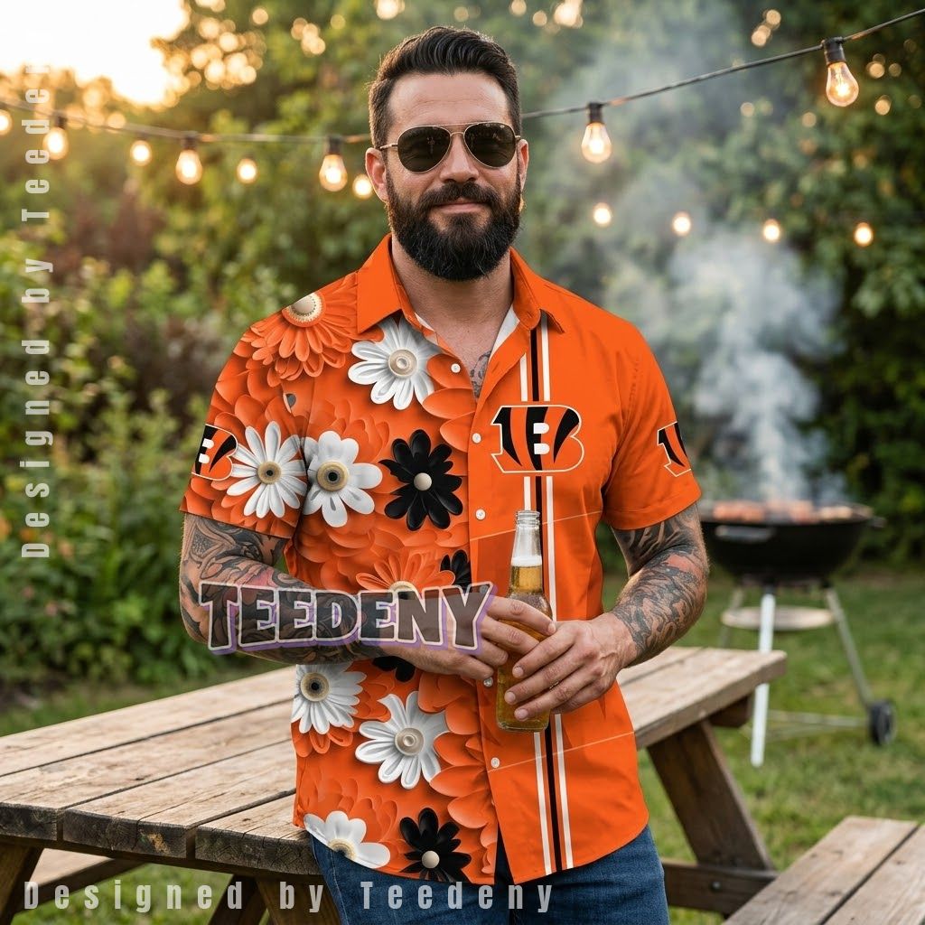 Cincinnati Bengals Daisy Striped Tropical Shirt Front