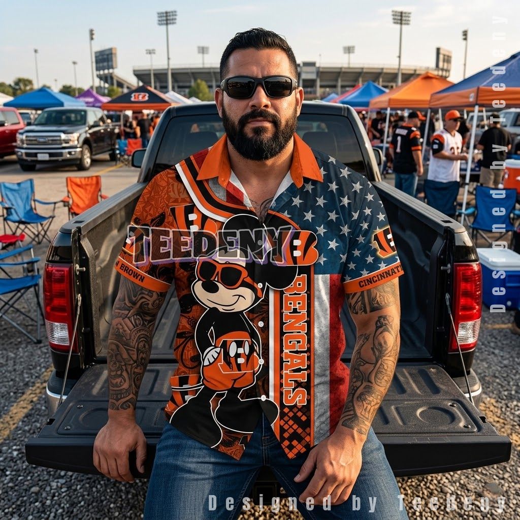 Cincinnati Bengals Mickey Flag Custom Aloha Shirt Front