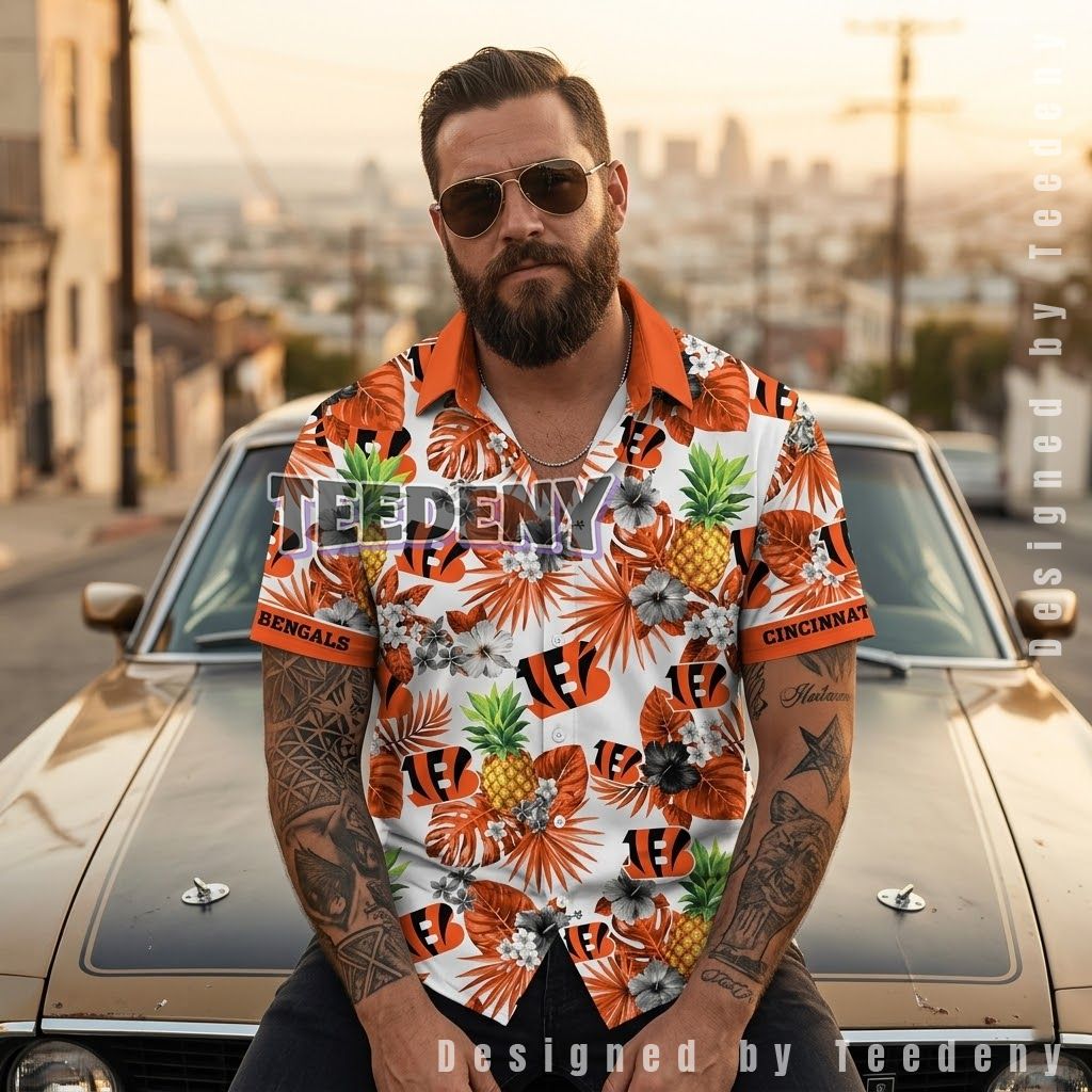 Cincinnati Bengals Pineapple Hibiscus Aloha Shirt Front