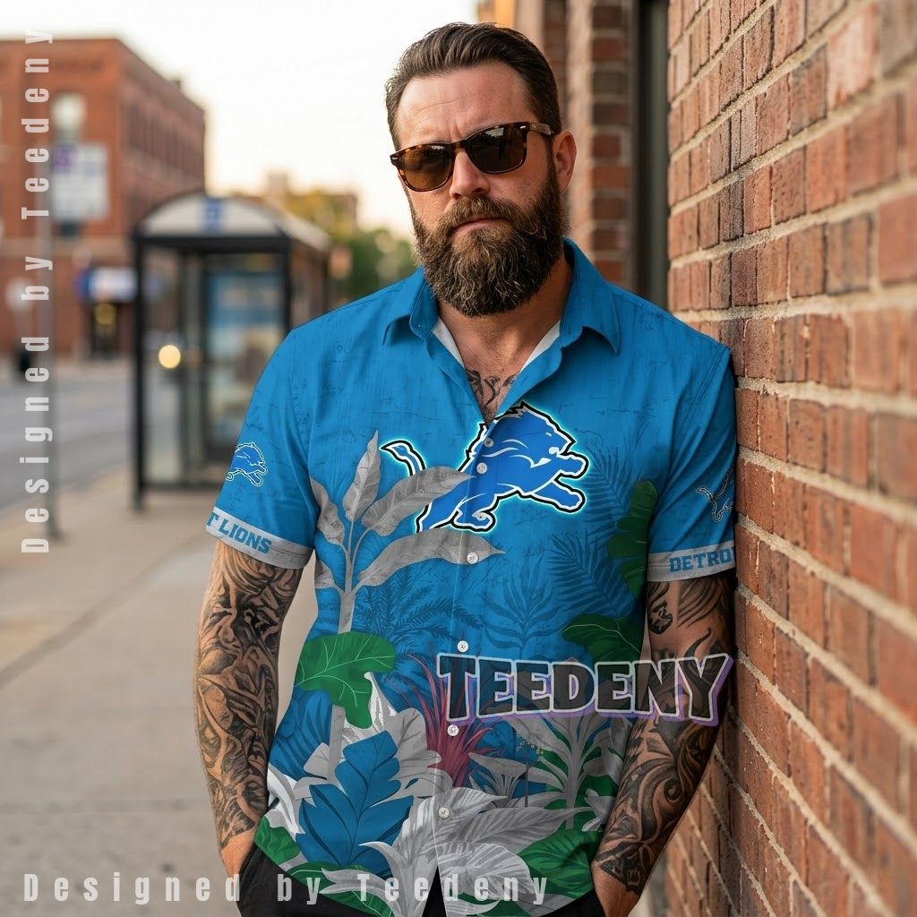 Detroit Lions Botanical Gray Hawaiian Shirt Front