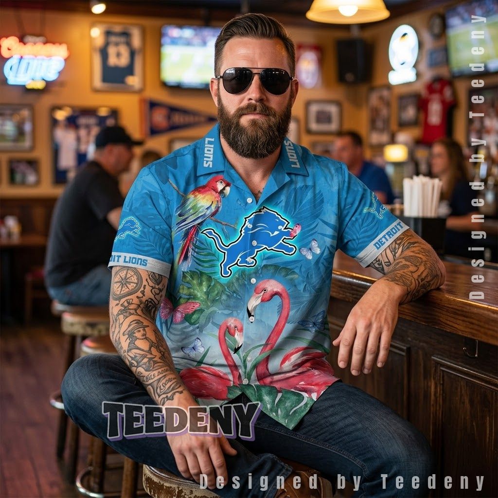 Detroit Lions Flamingo Parrot Hawaiian Shirt Front