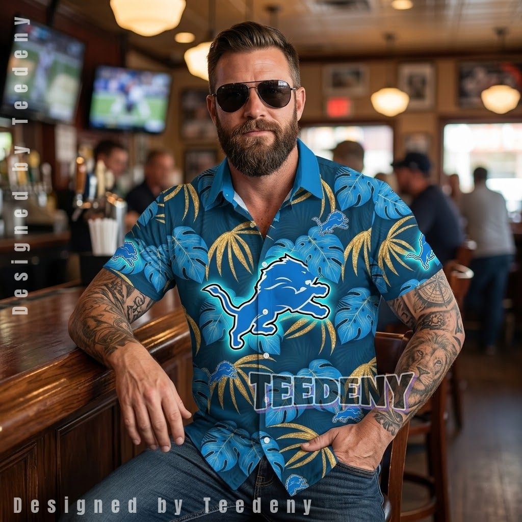 Detroit Lions Gold Monstera Tropical Shirt Front