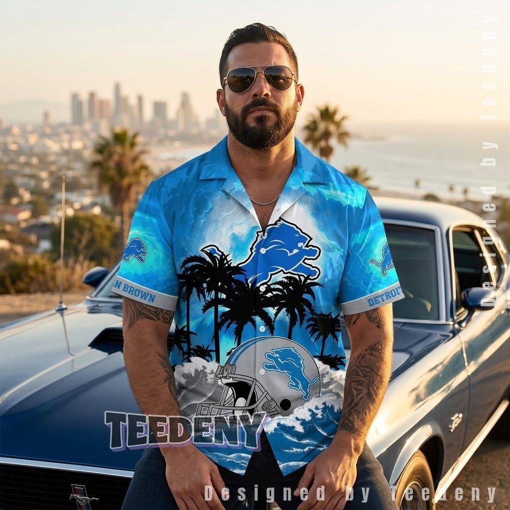 Detroit Lions Helmet Wave Custom Hawaiian Shirt Front