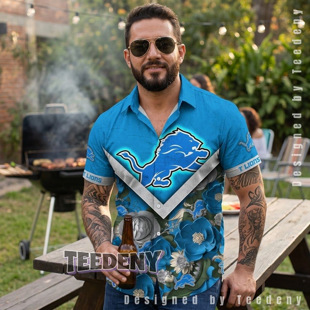 Detroit Lions Neon Floral Hawaiian Shirt Front