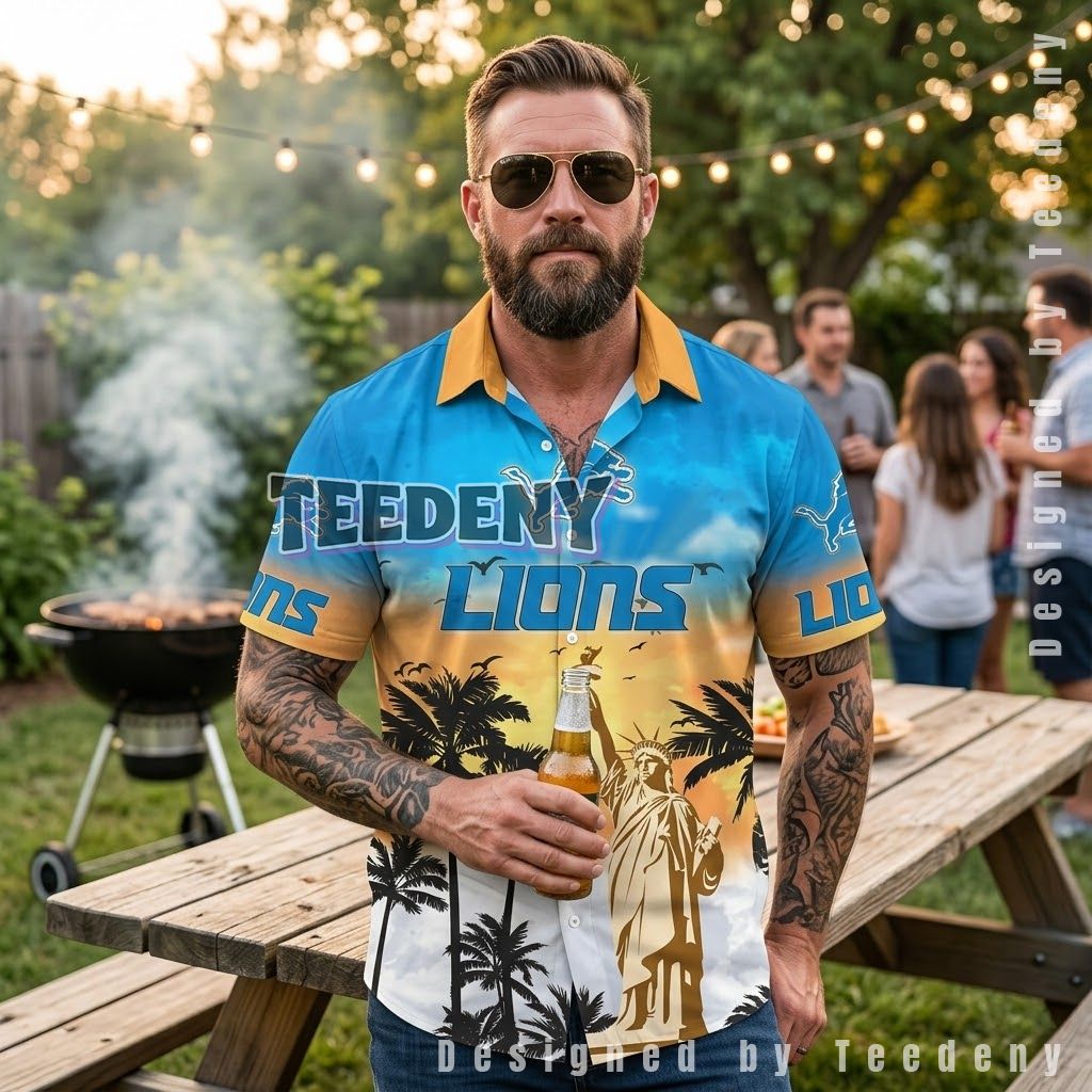 Detroit Lions Statue Liberty Hawaiian Shirt Front