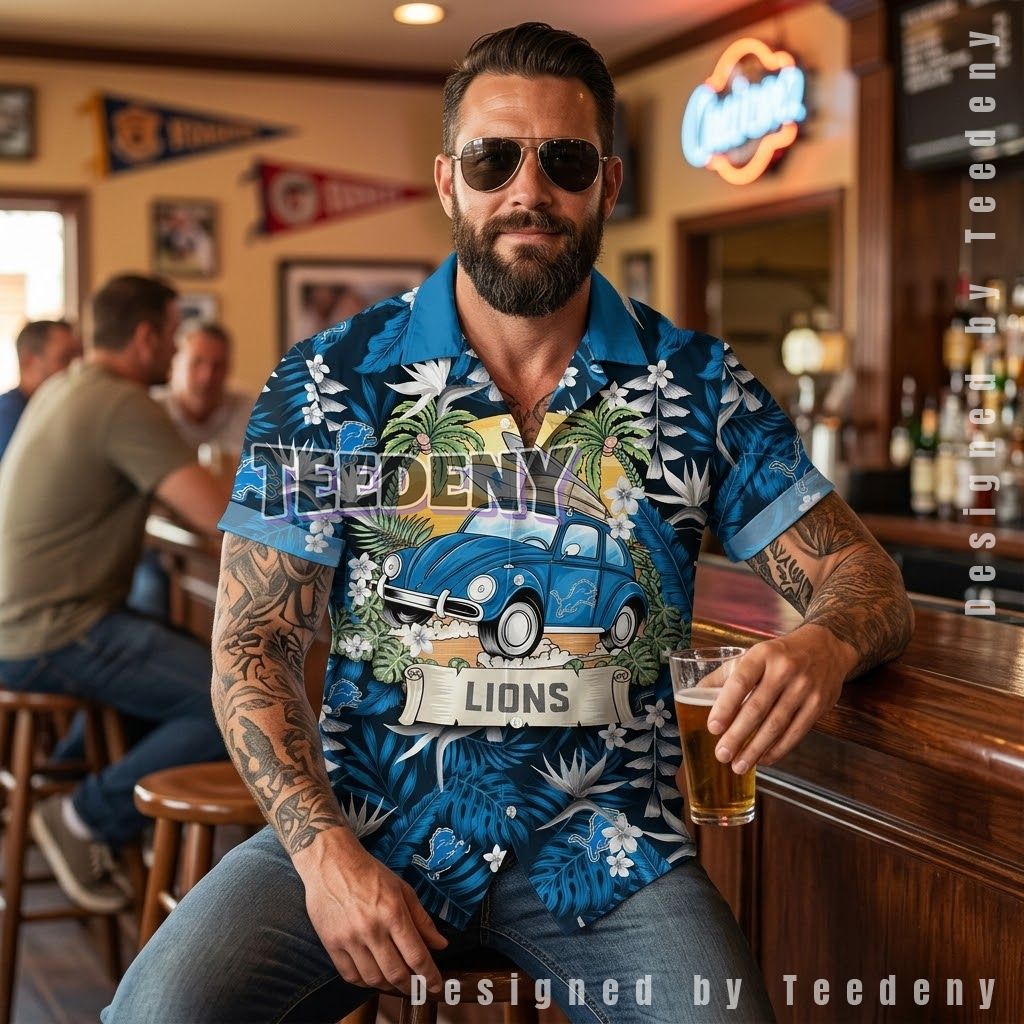 Detroit Lions Surfing Car Aloha Shirt Front