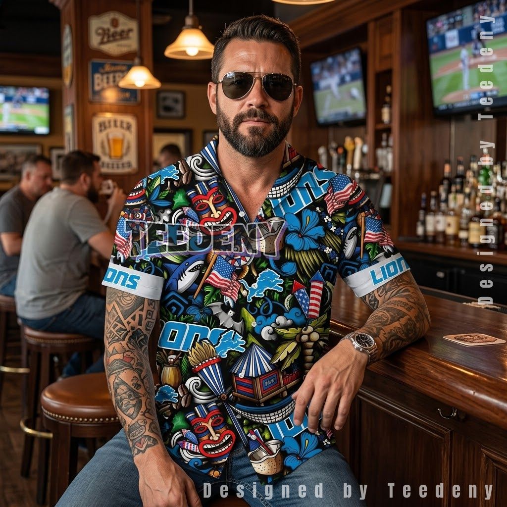 Detroit Lions Tiki Patriotic Hawaiian Shirt Front