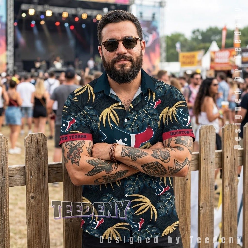 Houston Texans Gold Monstera Hawaiian Shirt Front