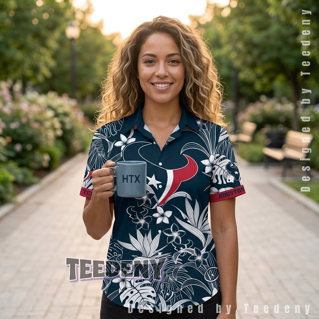 Houston Texans White Botanical Beach Shirt Front