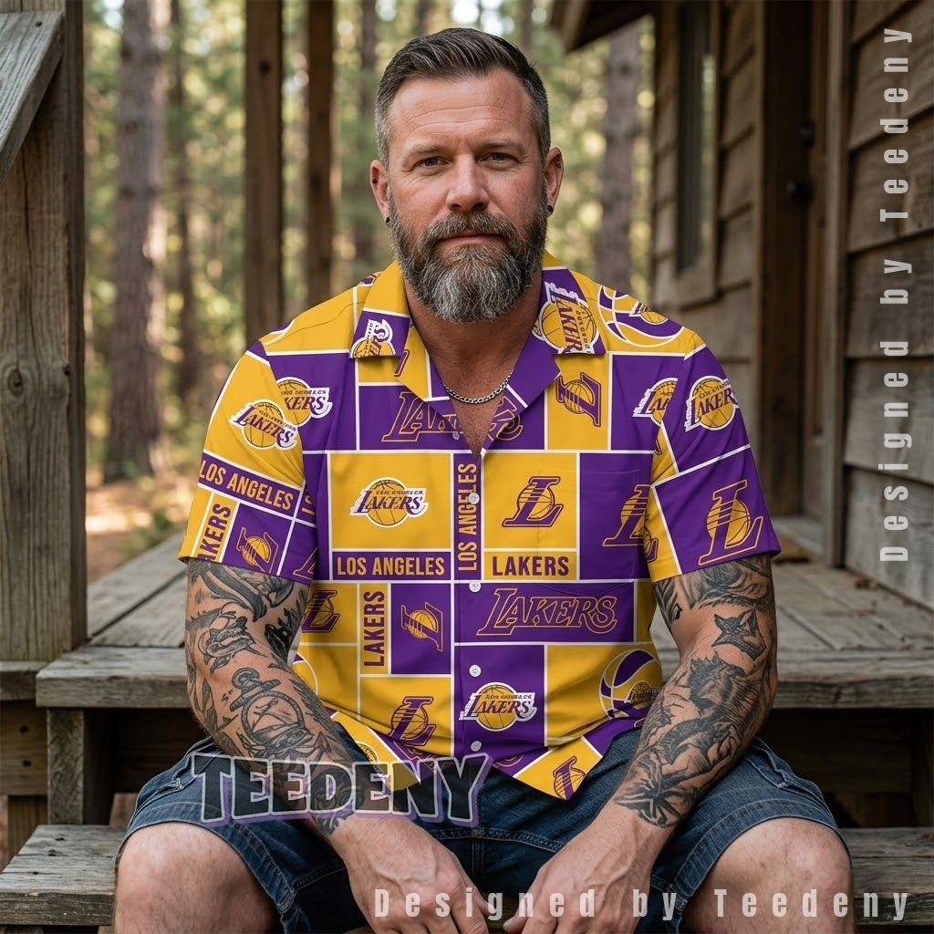 Los Angeles Lakers Checkerboard Purple Aloha Shirt Front