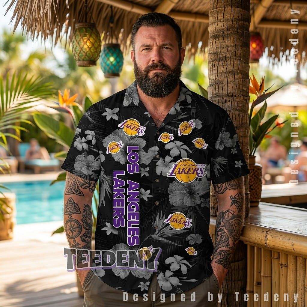 Los Angeles Lakers Floral Black Hawaiian Shirt Front