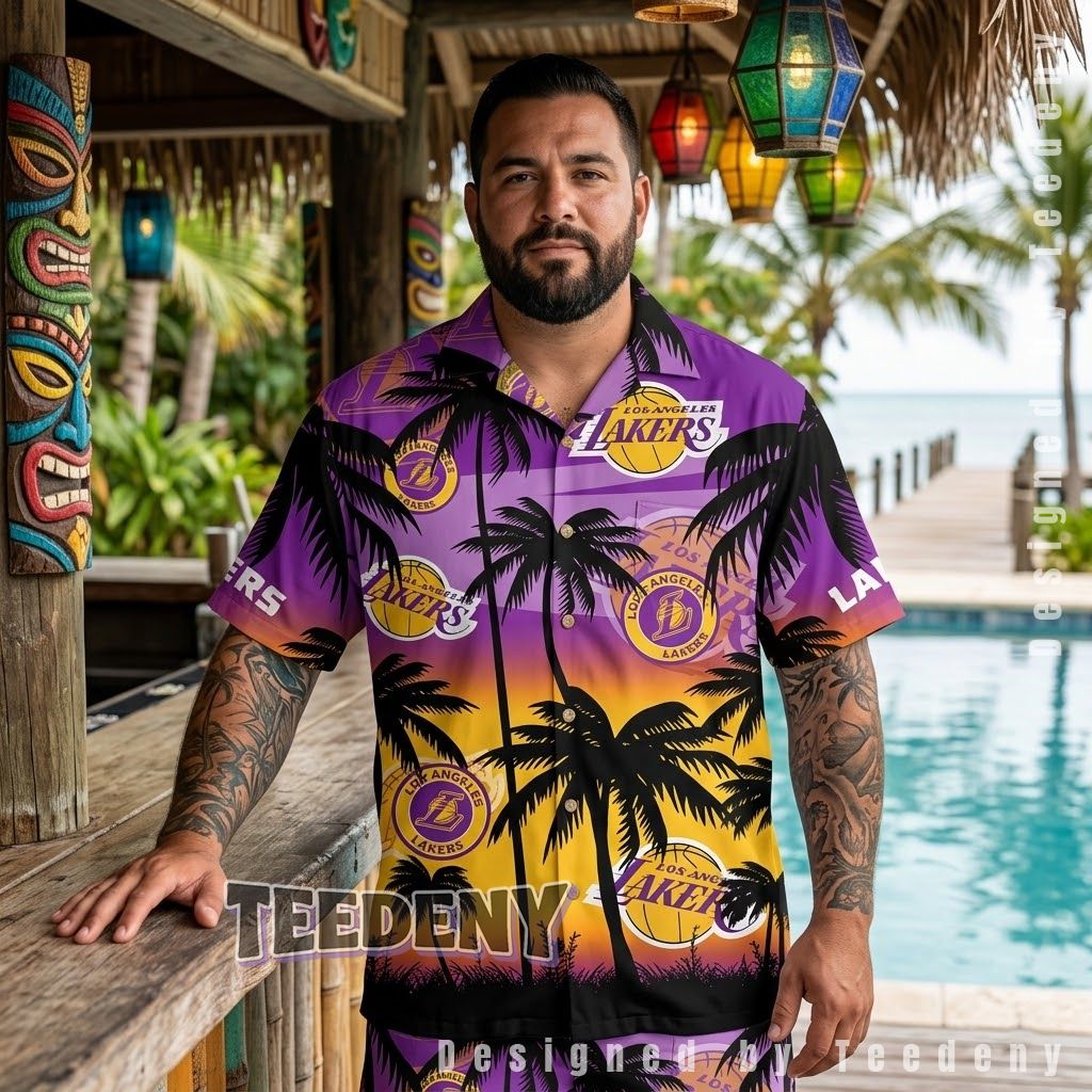 Los Angeles Lakers Gradient Silhouette Tropical Shirt Front