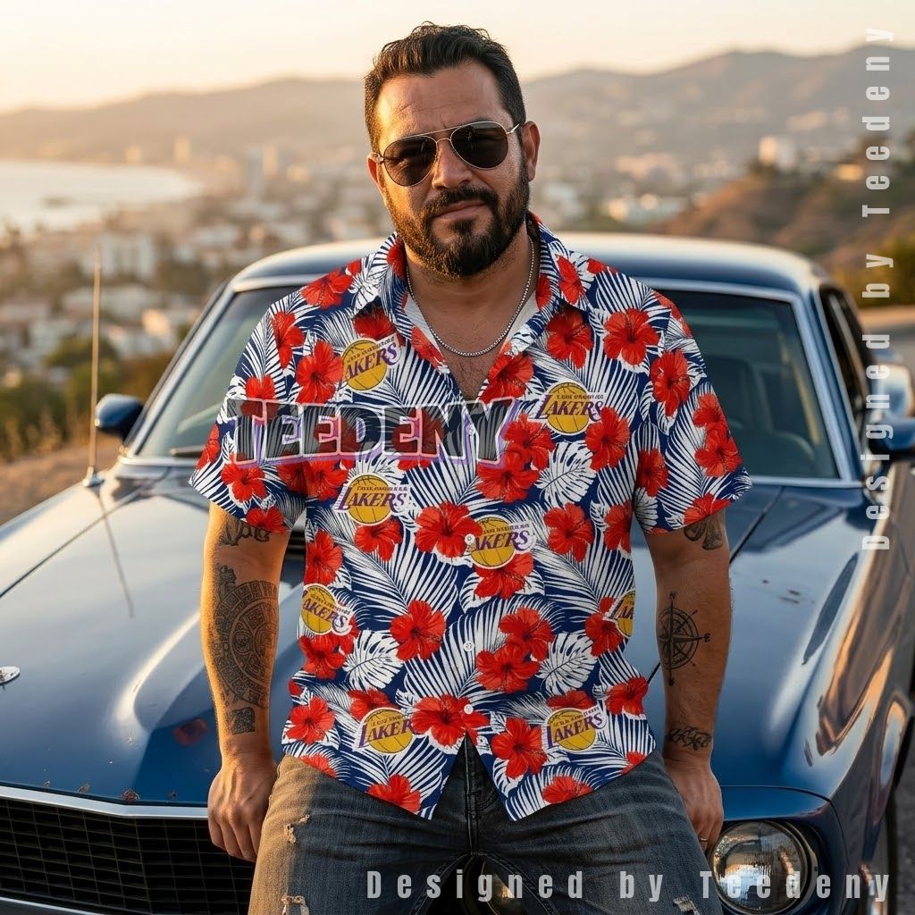 Los Angeles Lakers Red Hibiscus Beach Shirt Front