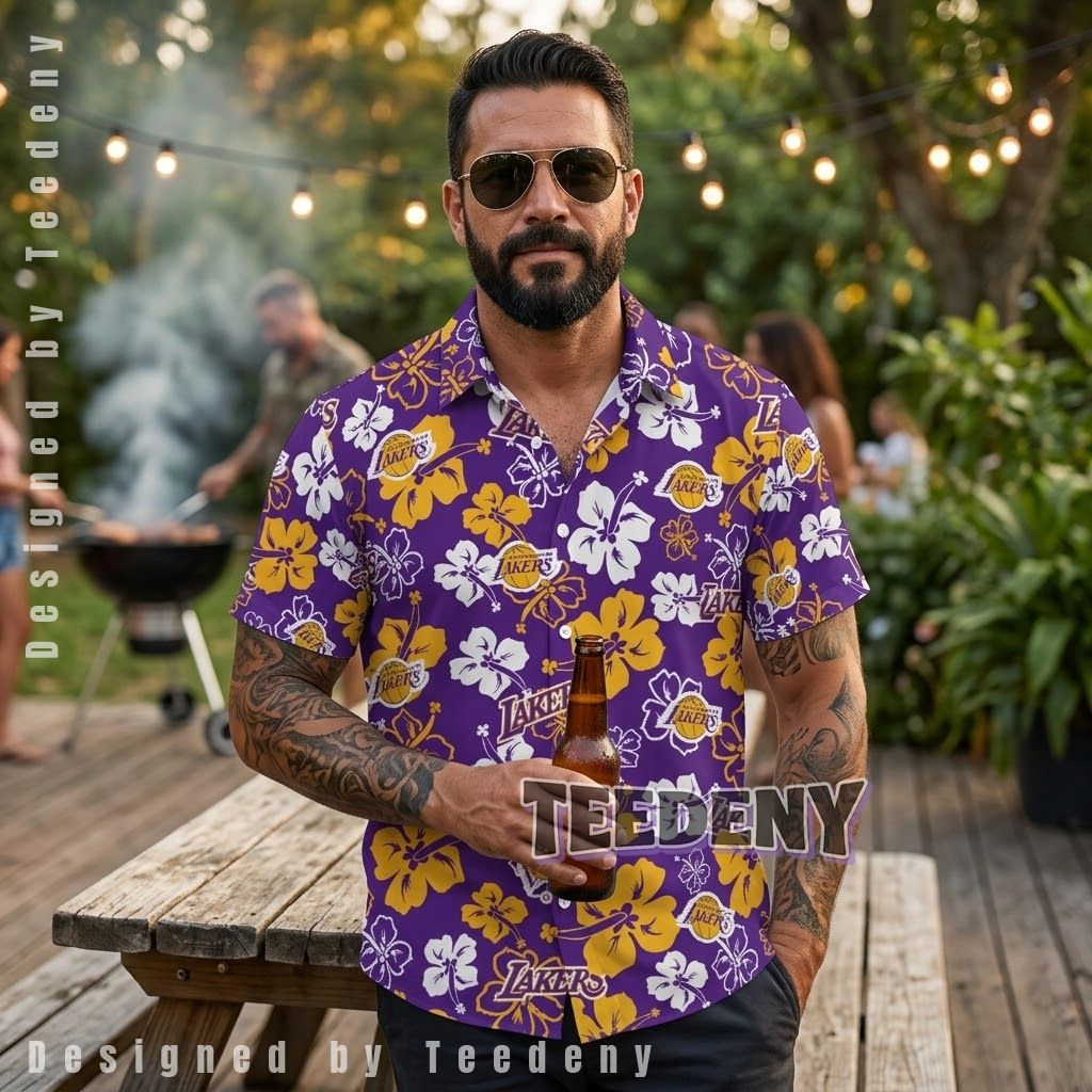 Los Angeles Lakers White Gold Hibiscus Aloha Shirt Front