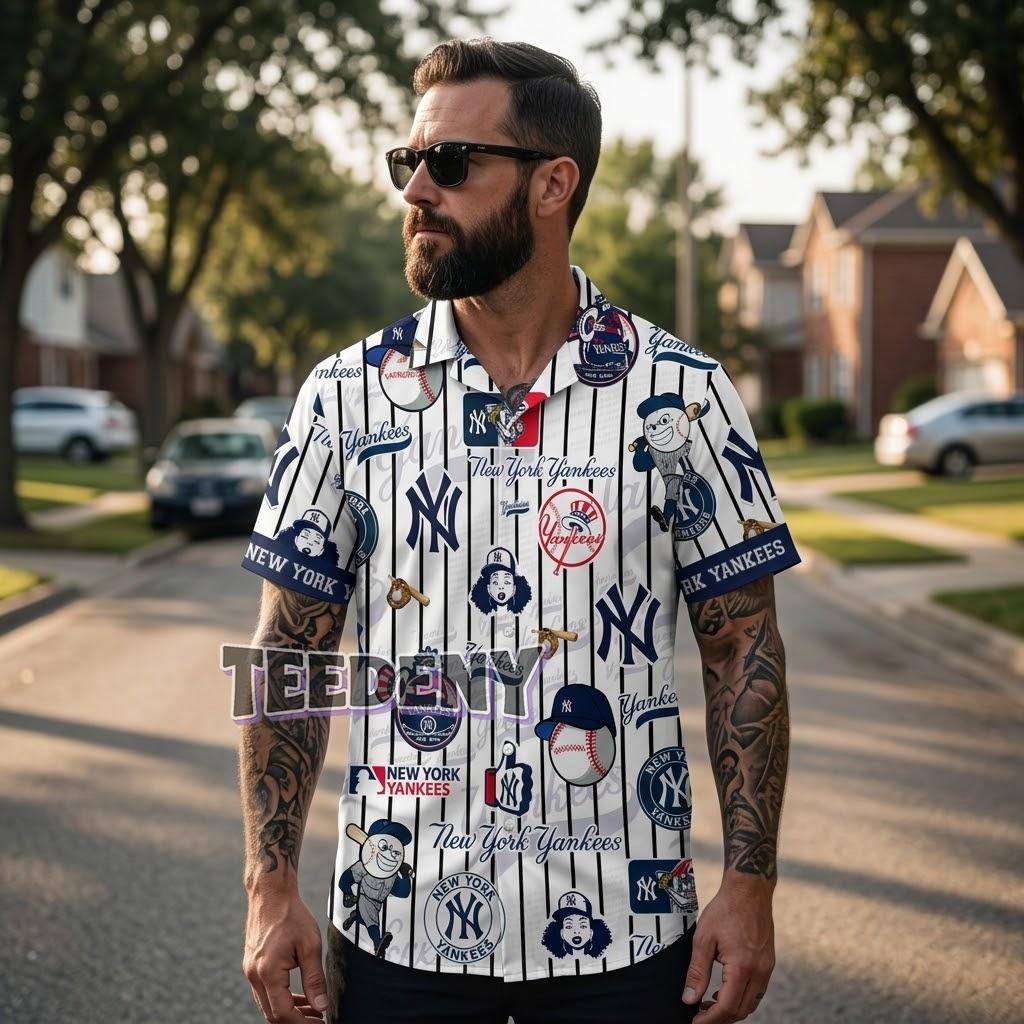 New York Yankees Cartoon Pinstripe Hawaiian Shirt Front