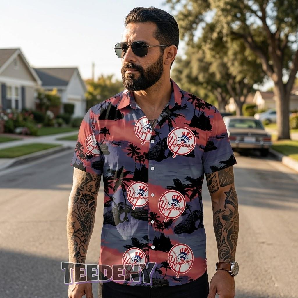 New York Yankees Dusk Red Sunset Hawaiian Shirt Front
