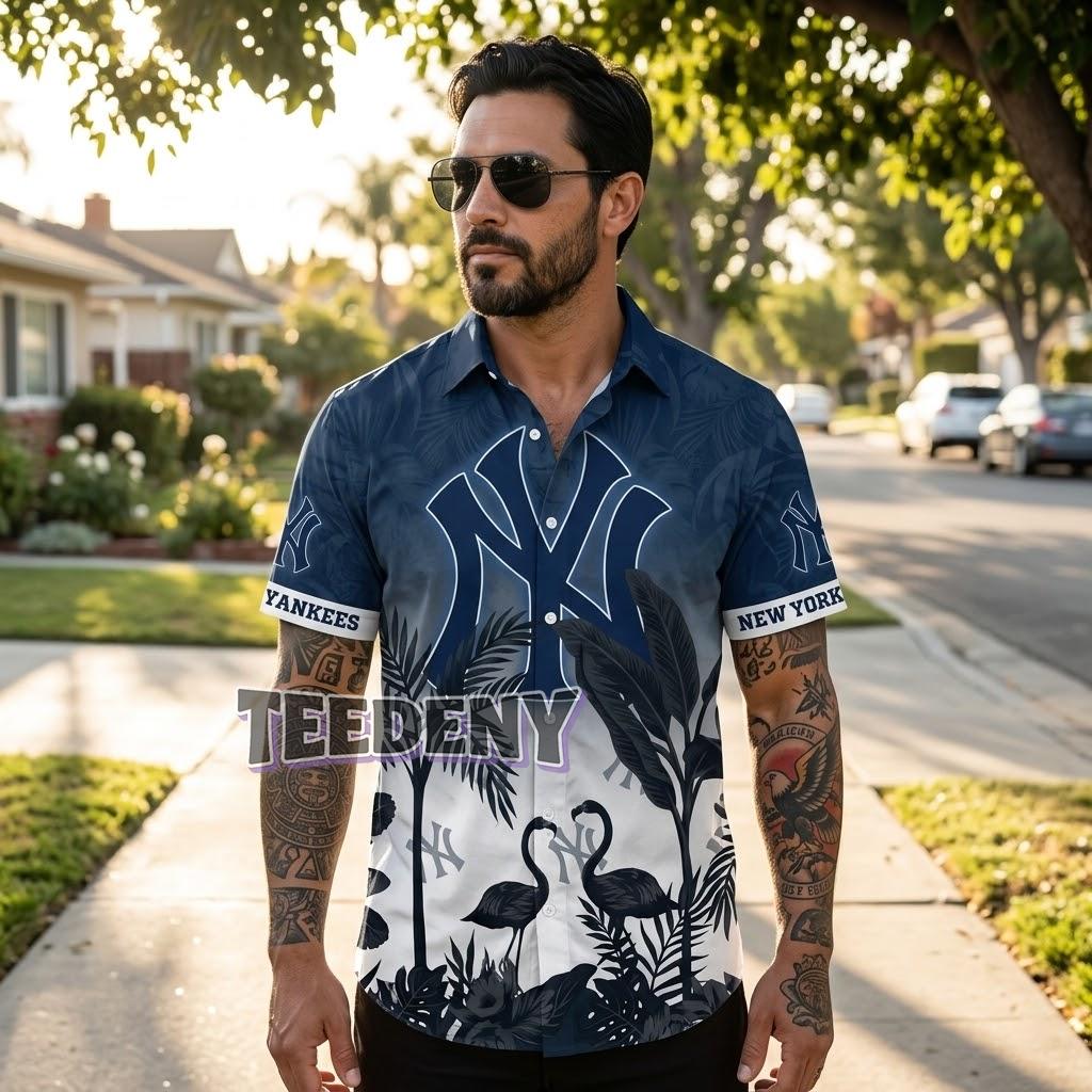 New York Yankees Flamingo Silhouette Hawaiian Shirt Front